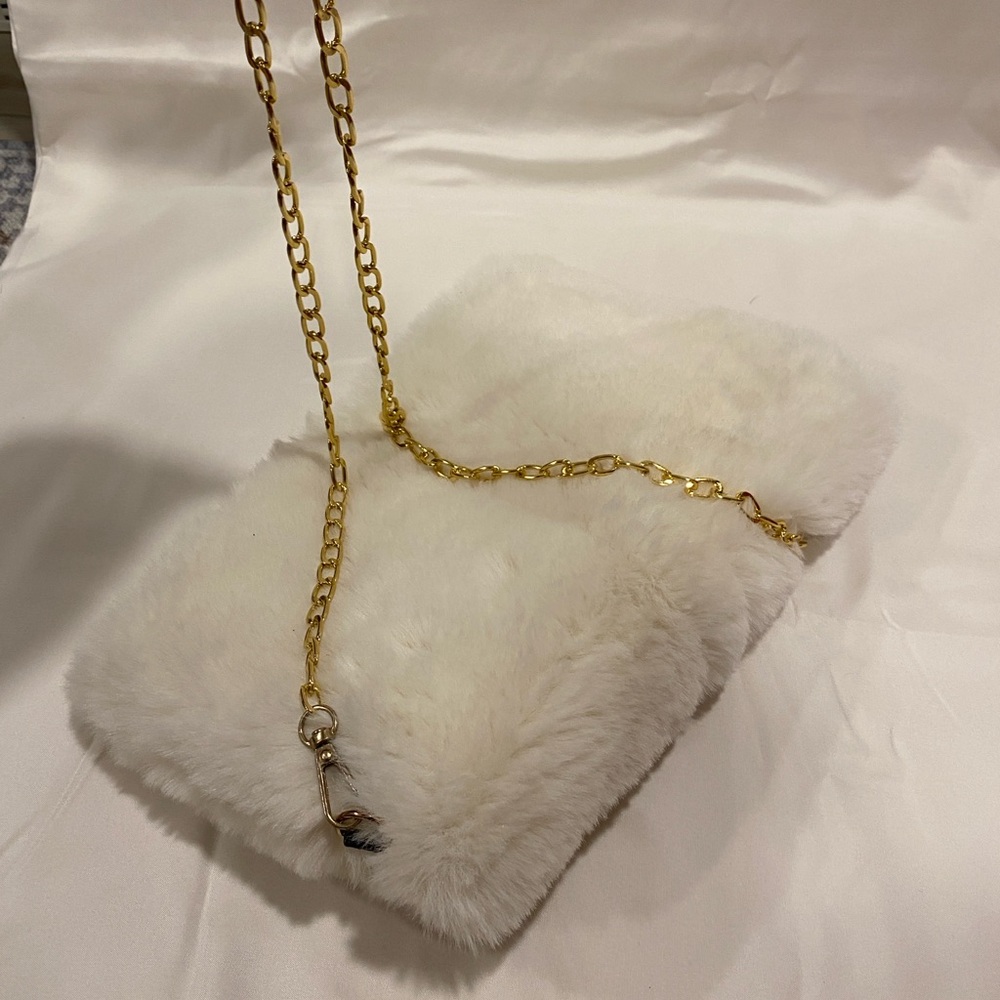 Elegant White Fur Bag with Gold Chain